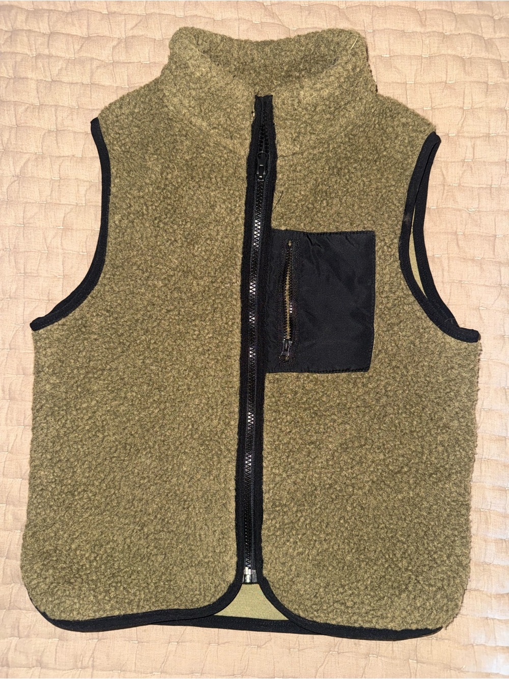 Youth Olive Green Sherpa Fleece Vest - Zip Front